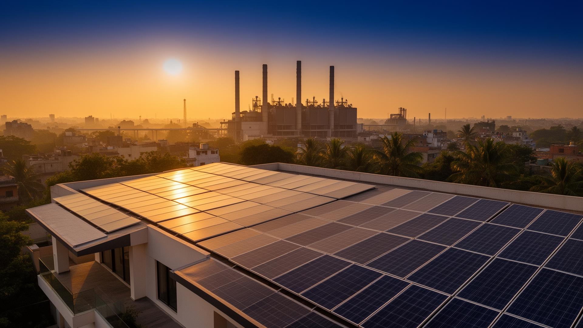 Solar panels on Indian rooftop at sunrise with industrial skyline